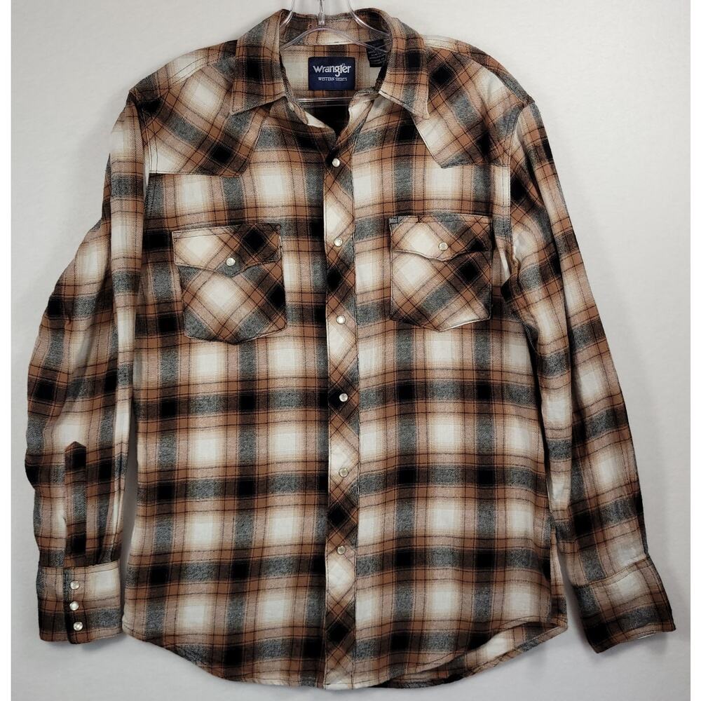Wrangler Western Shirt Brown and Black Flannel Pearl Snaps Men's Size M
